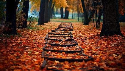 A leafy path carpeted with fallen autumn leaves.