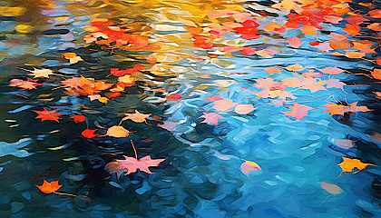 Brightly colored autumn leaves floating on a placid pond.