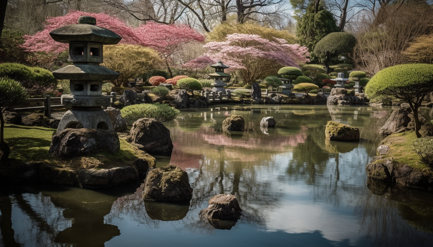 Tranquil Japanese gardens with koi ponds, stone lanterns, and cherry blossoms.