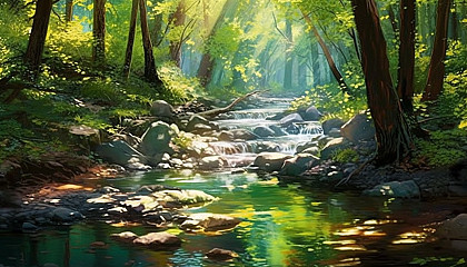 A tranquil brook babbling through a sun-dappled forest.