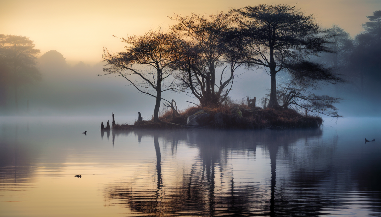 Mist rising off a serene lake at dawn.