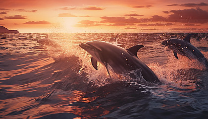 A pod of dolphins leaping from the ocean at sunset.