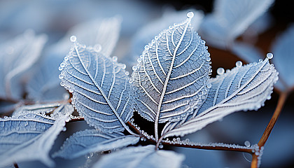 A macro shot of frost forming a delicate lace pattern on a leaf.