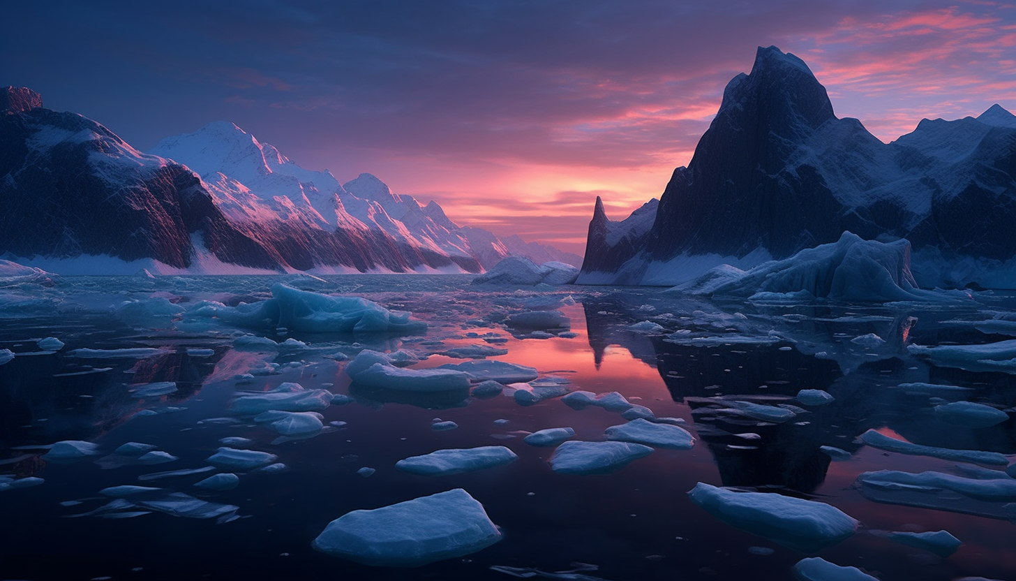 Glaciers calving into an icy sea under a twilight sky.