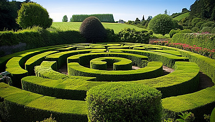 A labyrinthine hedge maze in a serene garden.