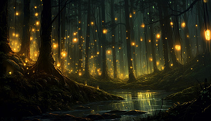 A cluster of fireflies illuminating a dark forest with their gentle glow.