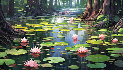 A tranquil pond filled with lotus flowers in full bloom.