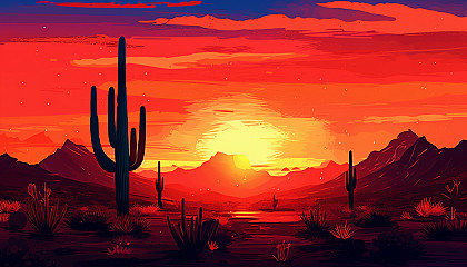 Silhouettes of cacti against a breathtaking desert sunset.