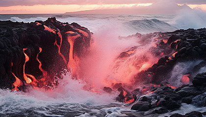 Cascades of lava flowing into the ocean from an active volcano.