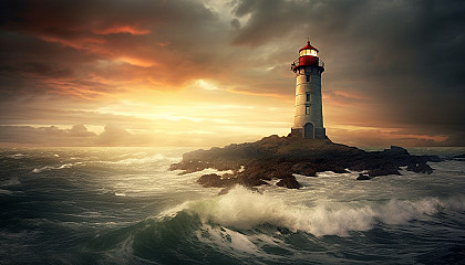 A solitary lighthouse standing against a dramatic sea and sky.