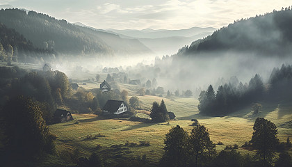 Thick morning fog nestled in a quiet valley.