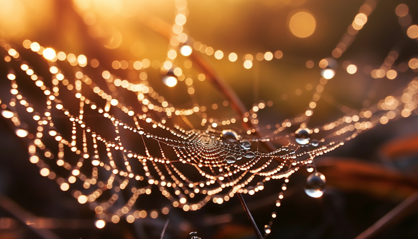 Dewdrops on a spider's web shimmering in the morning light.