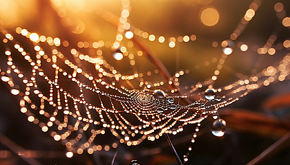 Dewdrops on a spider's web shimmering in the morning light.