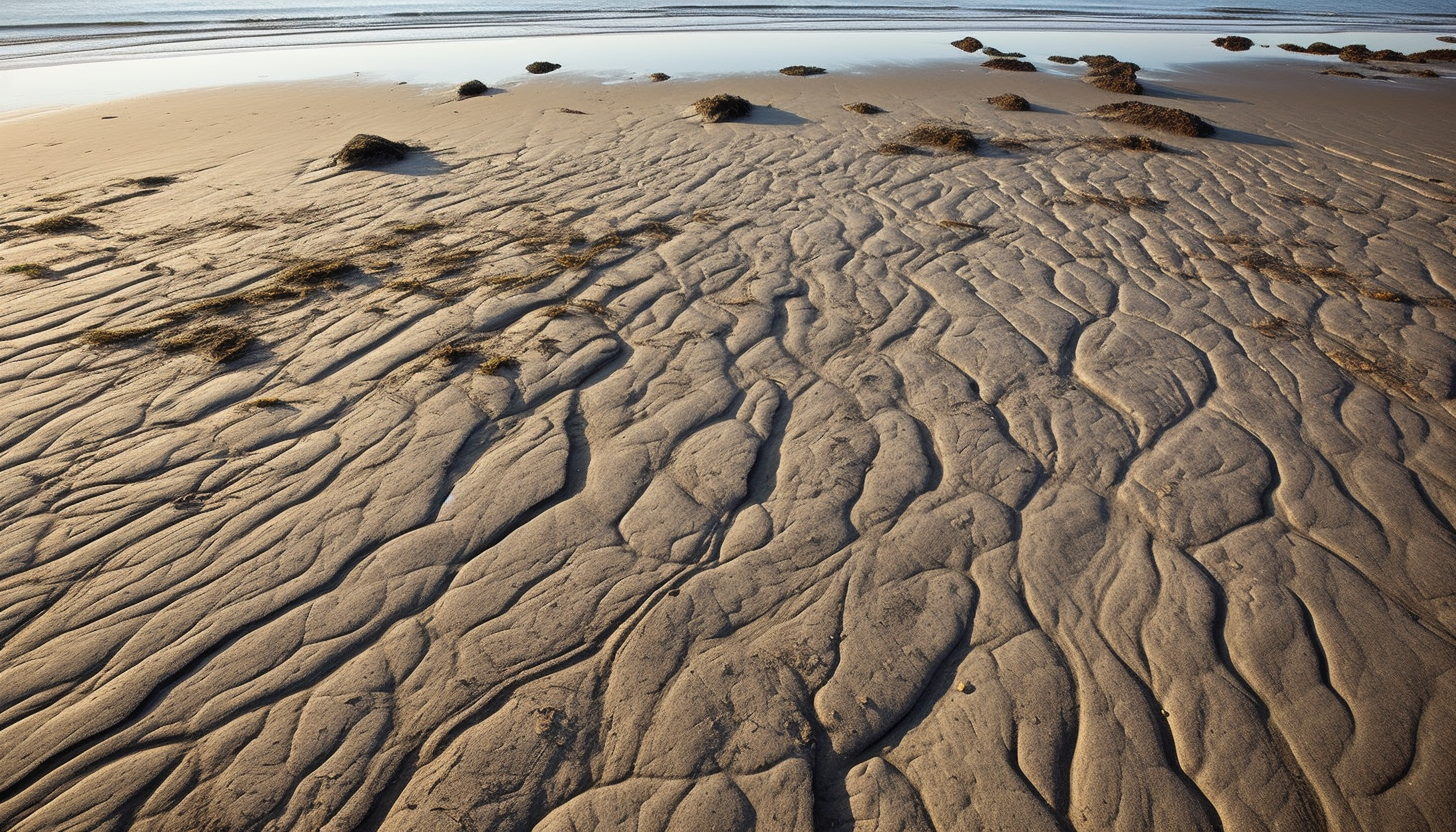 Sand patterns left by the receding tide on a beach.