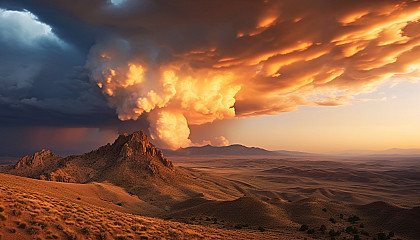 Dramatic cloud formations rolling over a mountain range at sunset.