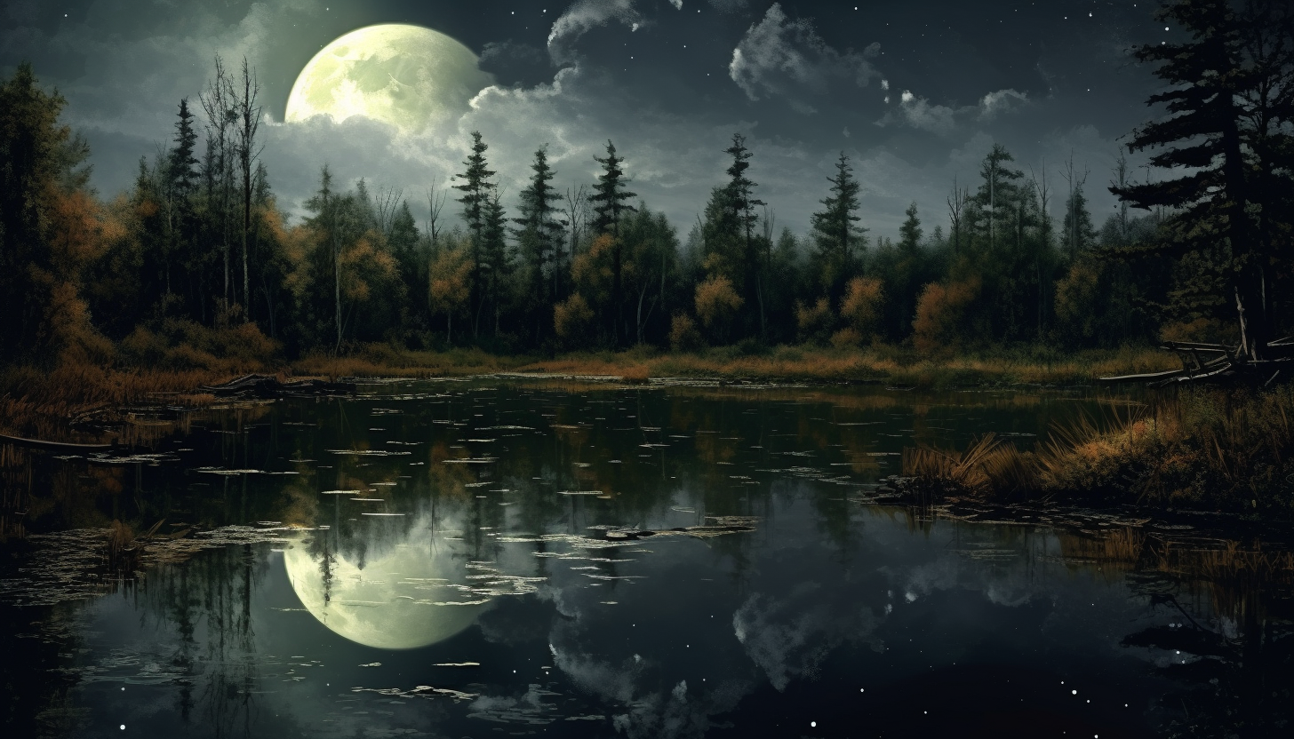 Moonlit reflection on a tranquil pond.