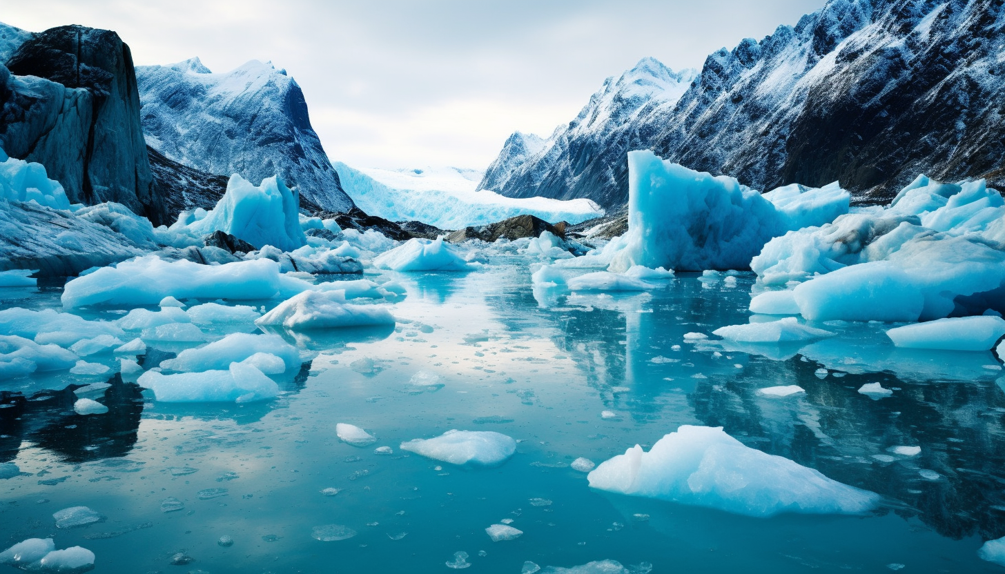 Glaciers calving into a vibrant blue sea.