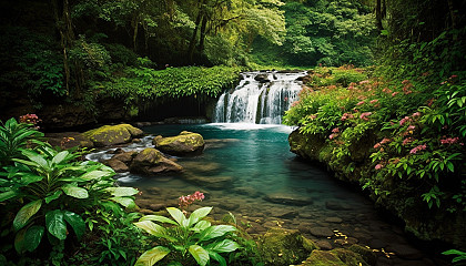 Serene waterfalls surrounded by lush greenery and vivid flowers.