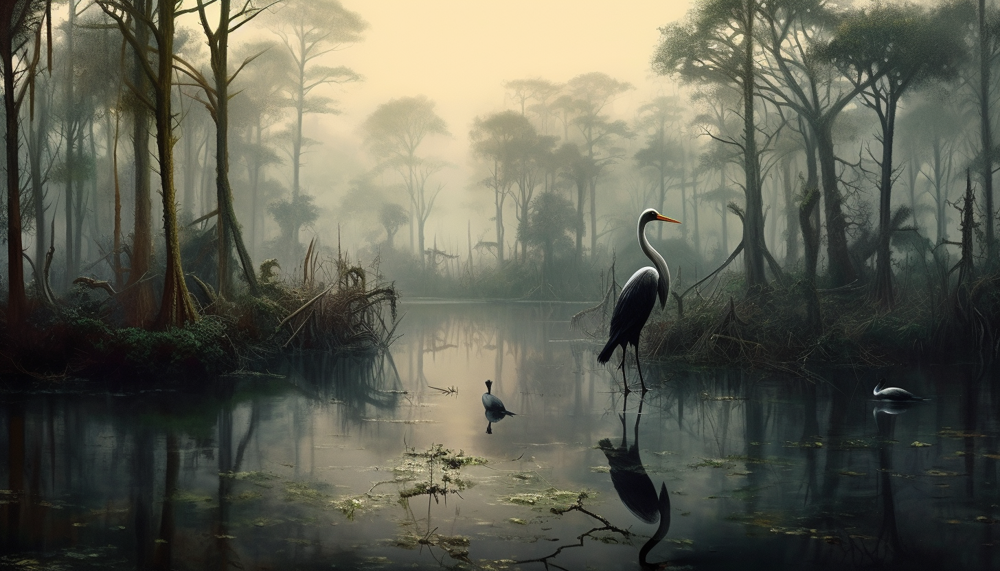 A foggy, mysterious swamp teeming with unseen wildlife.