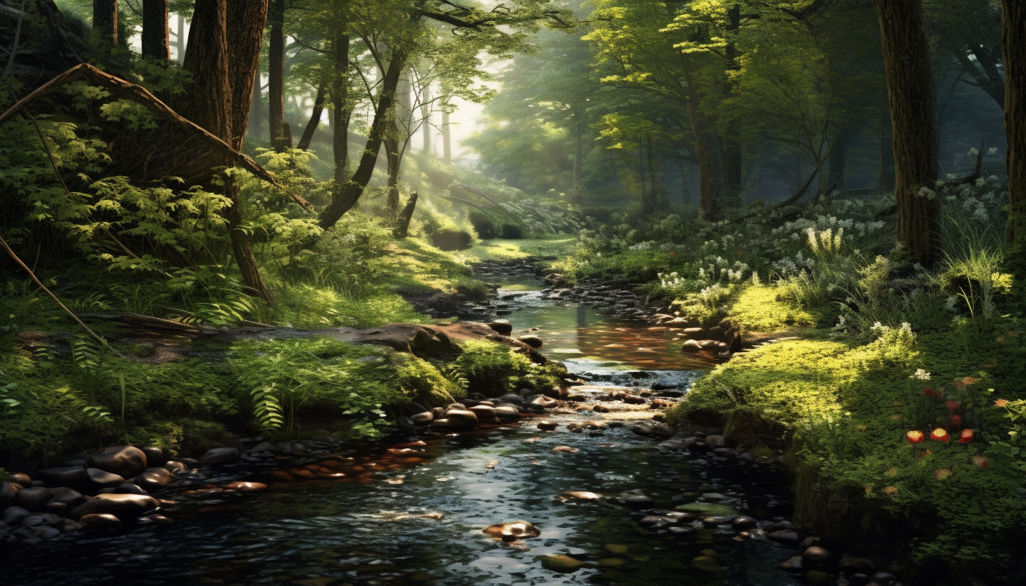 A gently bubbling brook winding its way through a peaceful glade.