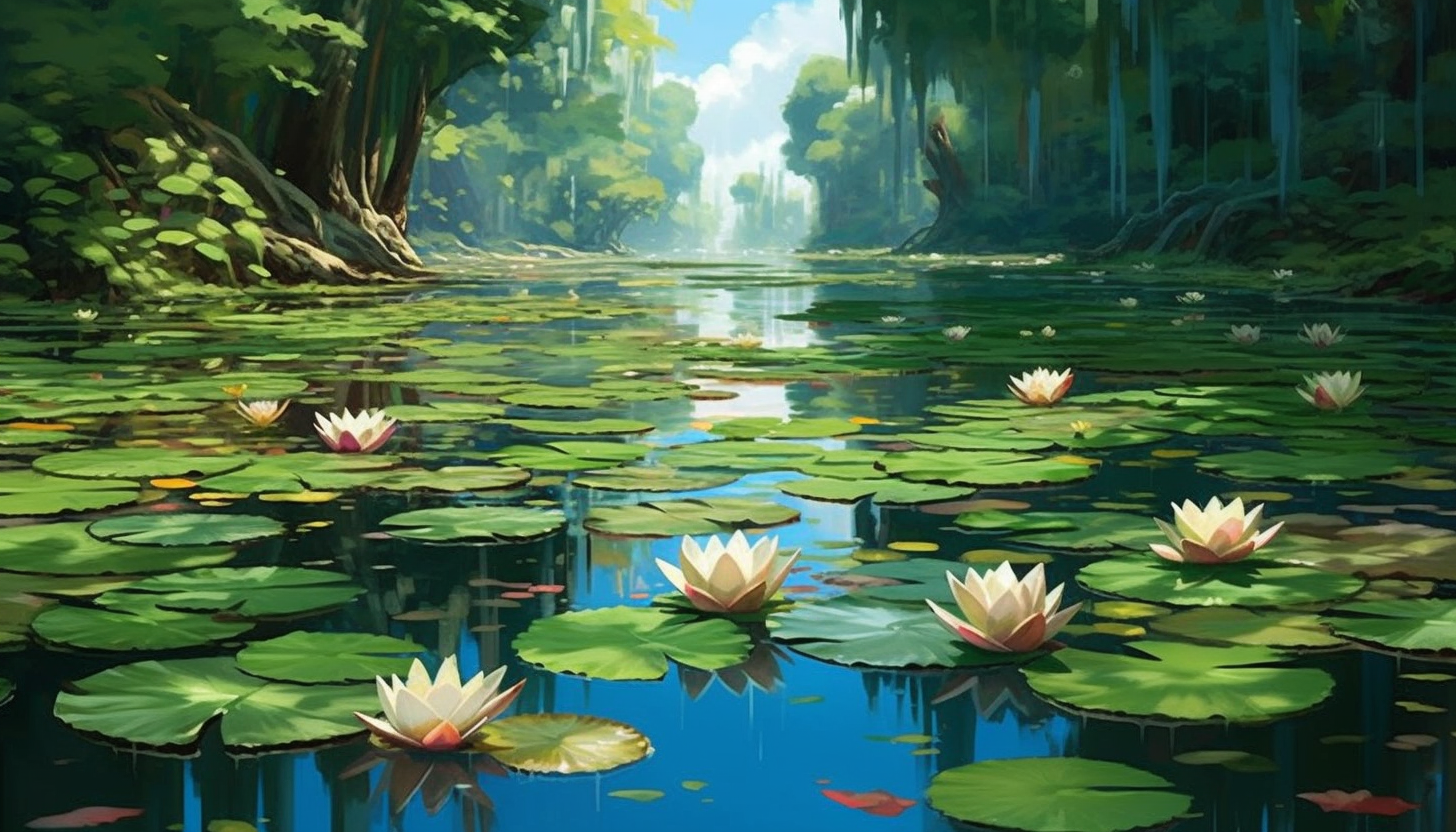 A tranquil pond filled with blooming water lilies.