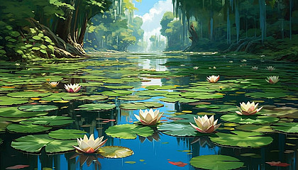 A tranquil pond filled with blooming water lilies.