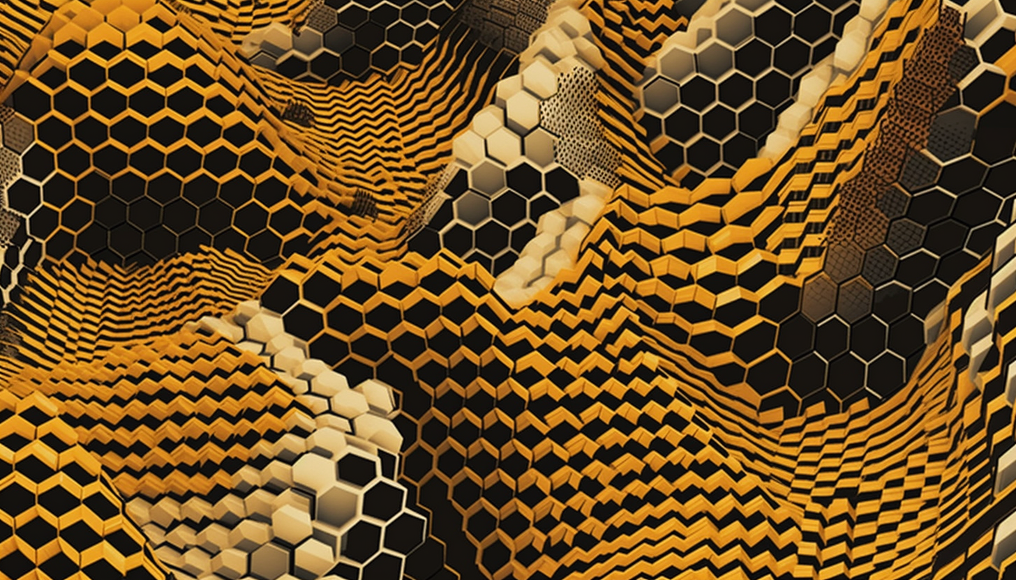 Geometric patterns of a beehive, buzzing with activity.