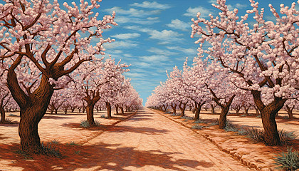 A grove of blossoming almond trees under a clear blue sky.