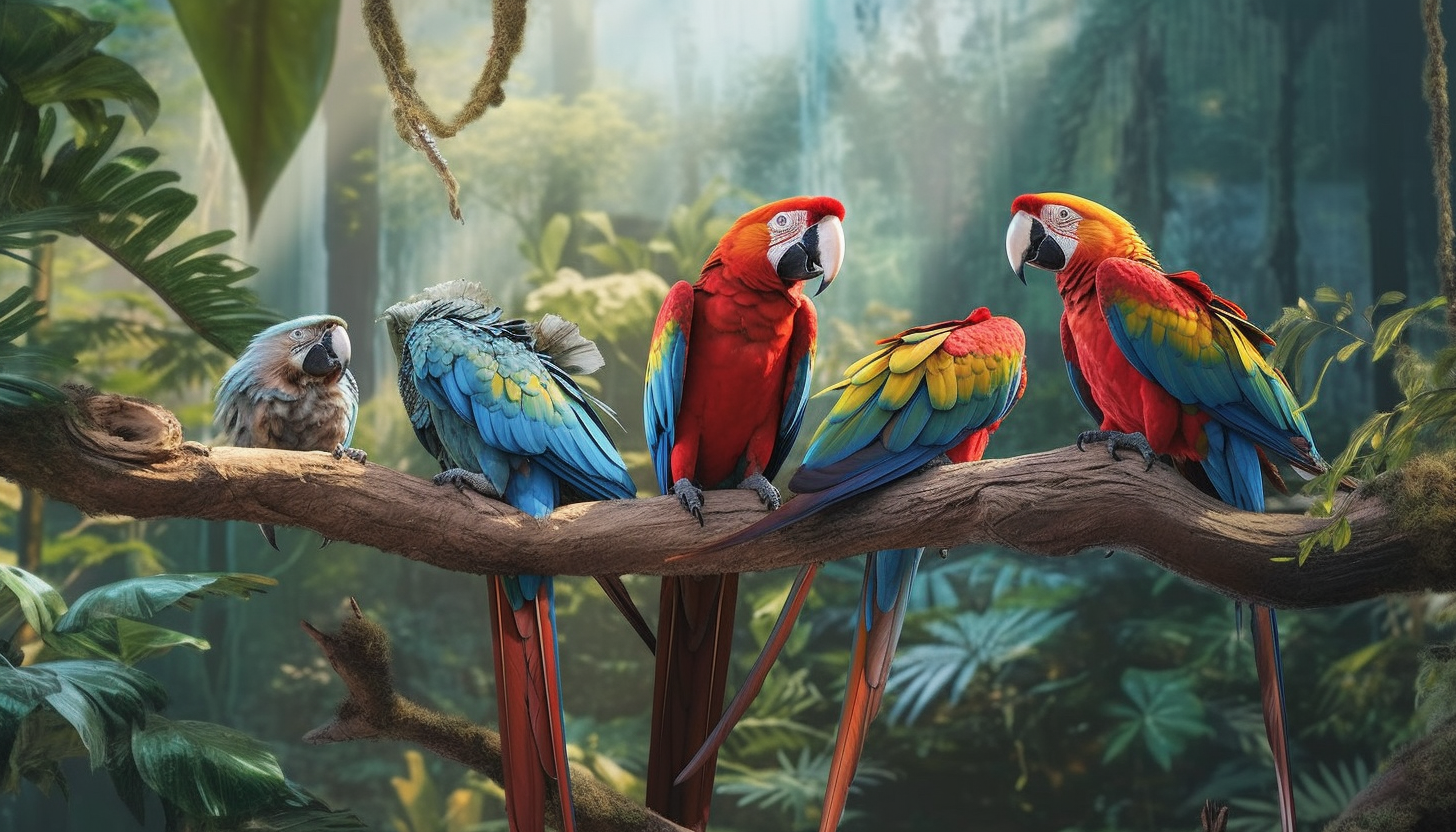 A family of colorful macaws perched on a jungle branch.