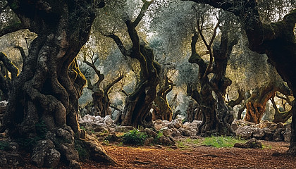 A grove of twisted olive trees in a Mediterranean landscape.