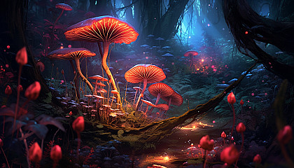 Vibrant fungi glowing in a dense, dark forest.