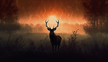 The silhouette of a deer in a misty meadow at dawn.