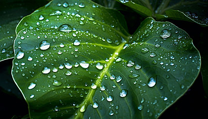 Glistening dew drops on a vibrant green leaf.