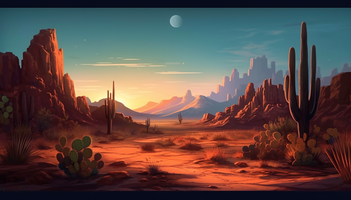 A quiet, moonlit desert with cacti casting long shadows.