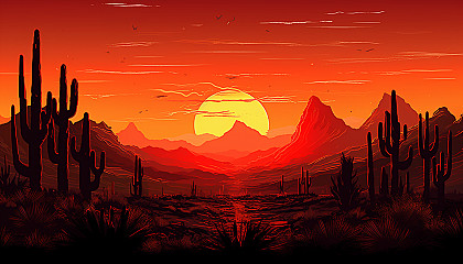 The silhouette of cacti against a vibrant desert sunset.