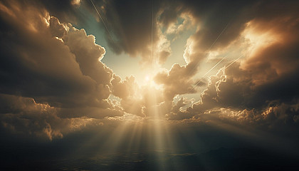 Rays of sunlight piercing through a cloud-covered sky.