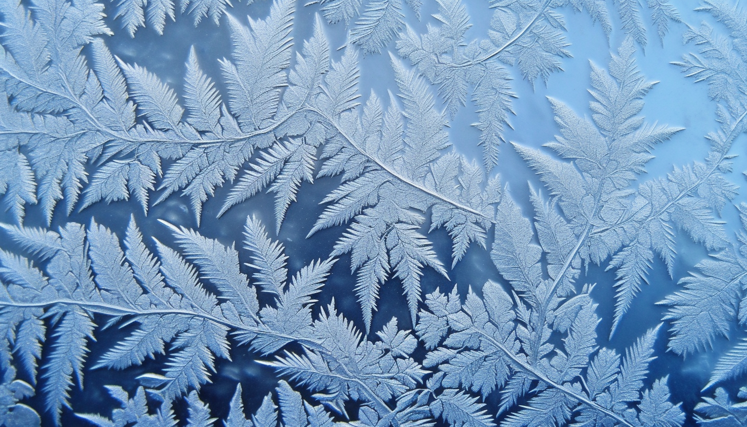 Frost patterns on a window on a cold winter morning.