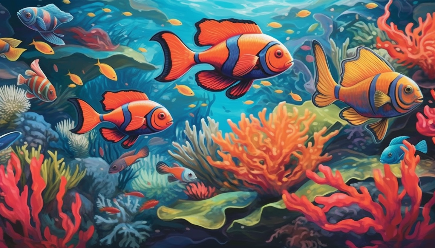 A school of radiant, tropical fish darting through a coral reef.