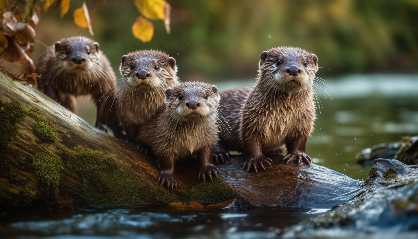 A family of otters playing along a river bank.