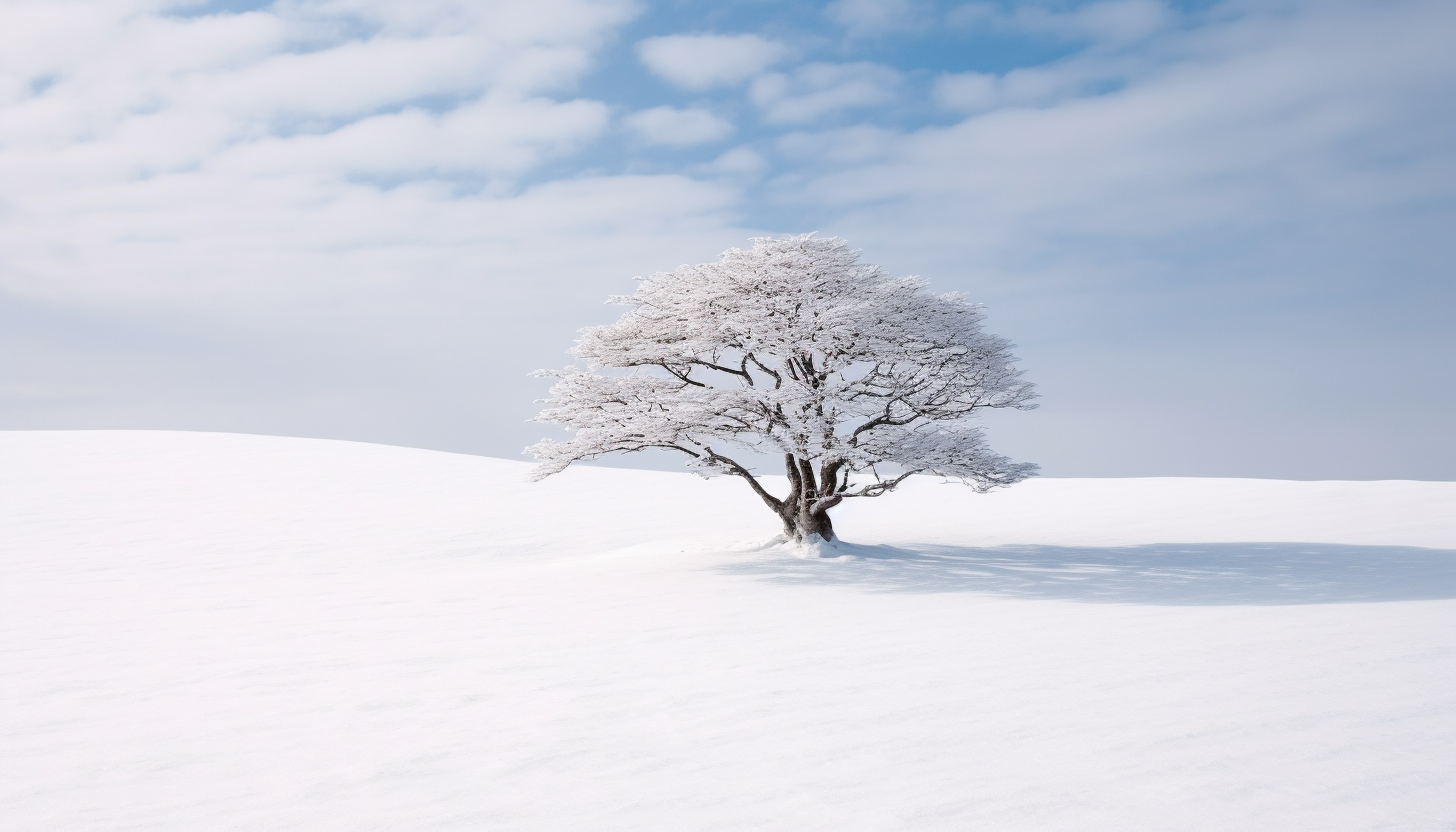 A solitary tree in the middle of a snowfield.