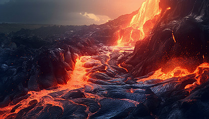 Fiery lava flowing down a rugged volcanic slope.