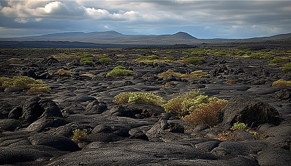 Volcanic landscapes with dramatic lava flows and rugged terrain.