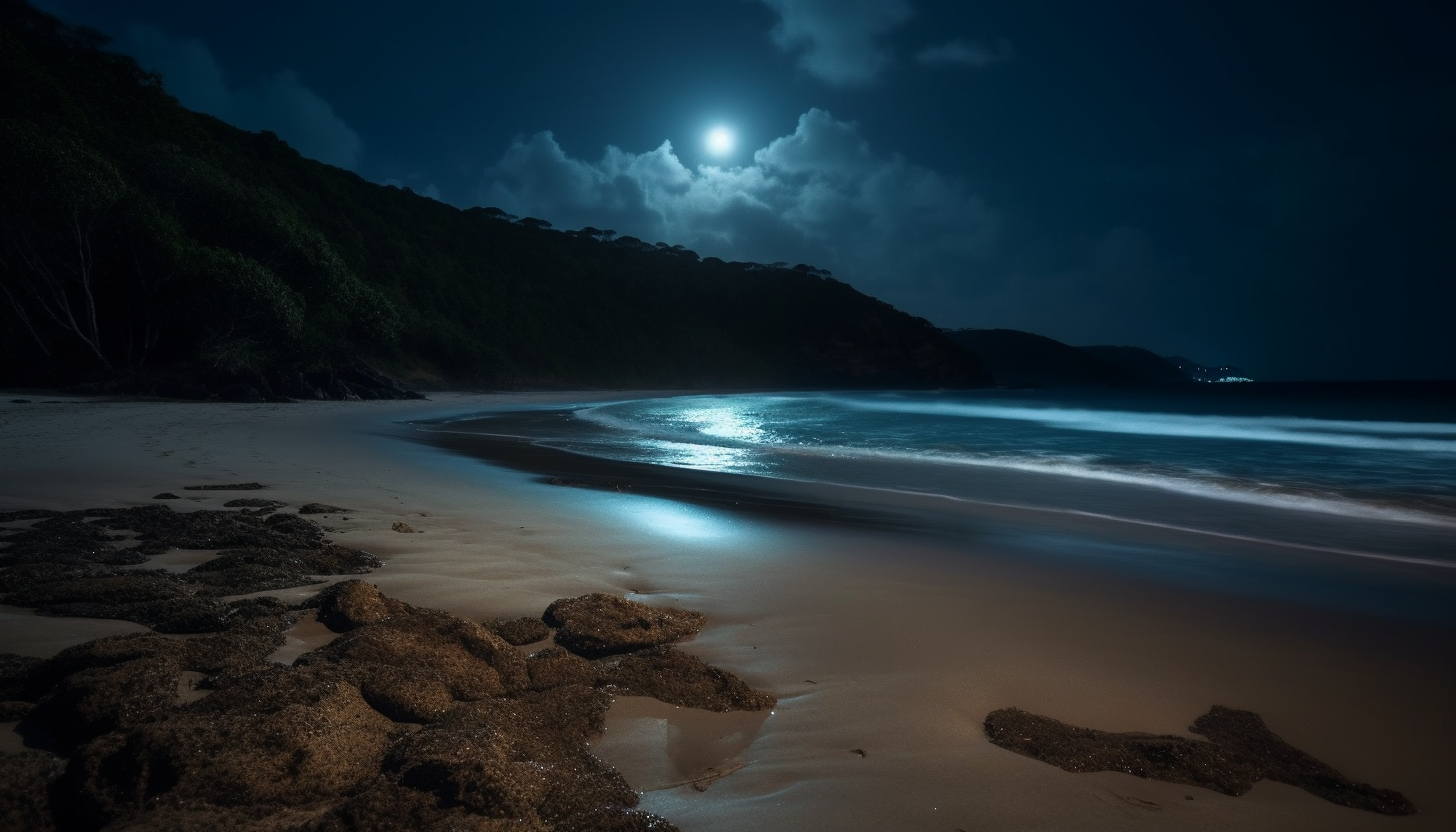 Moonlit nights illuminating tranquil beaches with waves gently lapping the shore.