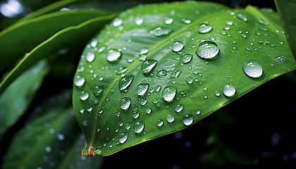 Glistening dew drops on a vibrant green leaf.