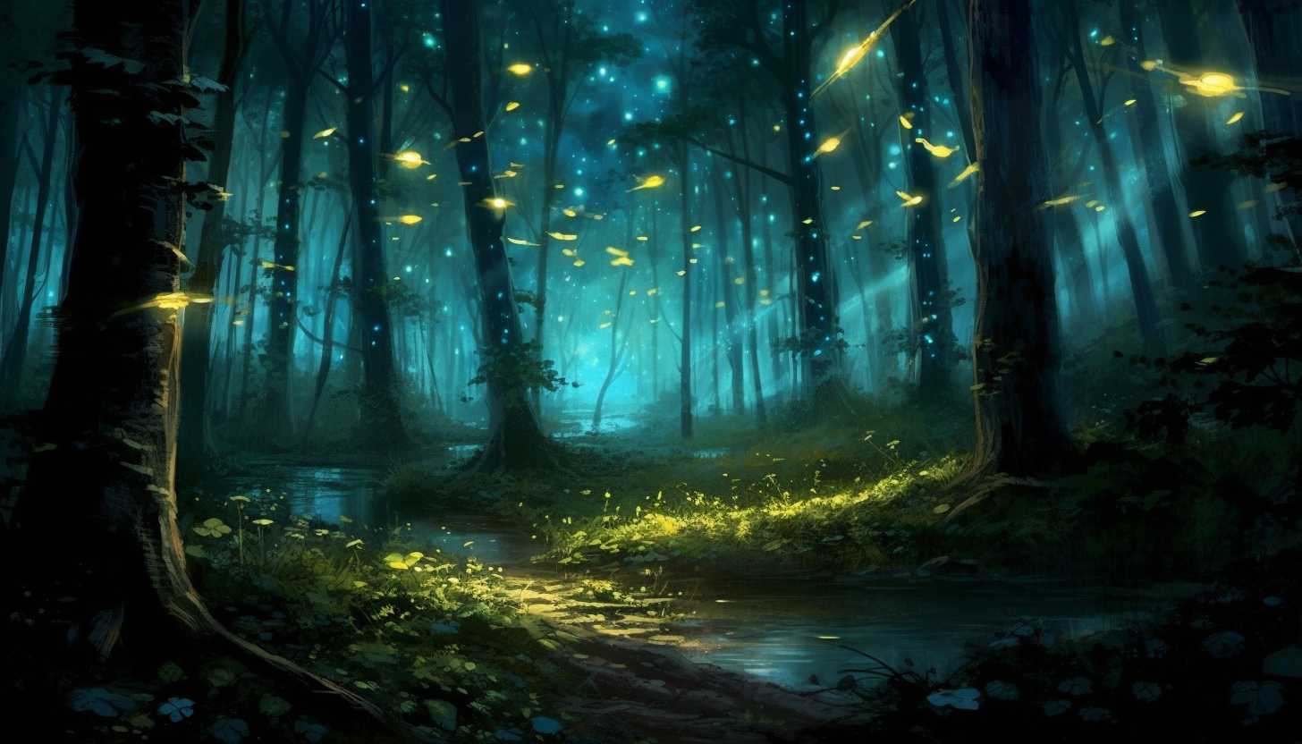 Fireflies illuminating a dark forest at dusk.