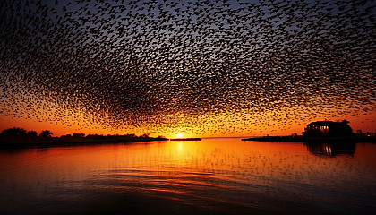 A mesmerizing, spiraling formation of a murmuration of starlings.