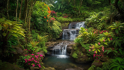 Serene waterfalls surrounded by lush greenery and colorful flowers.