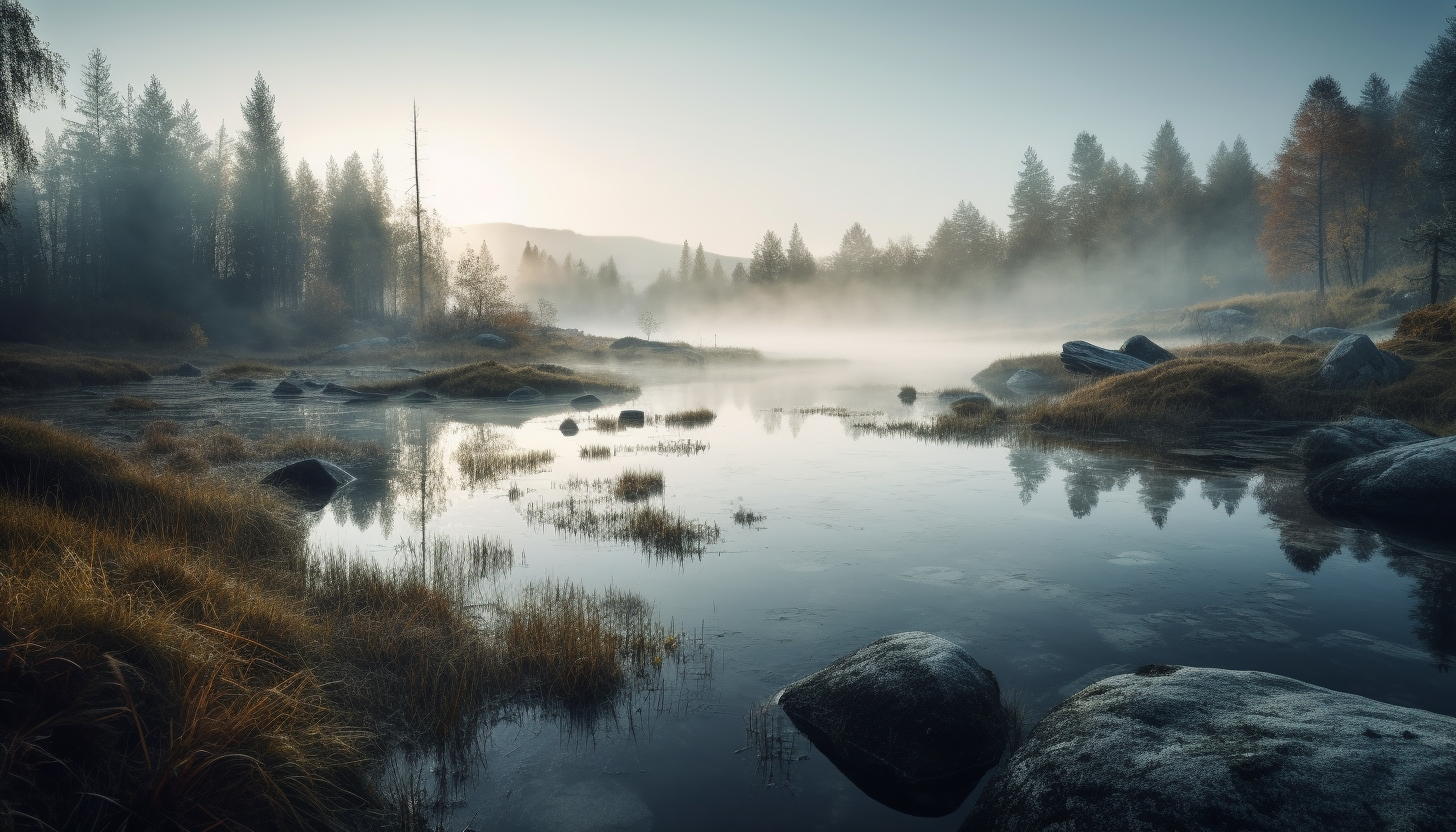 Serene, mist-covered lakes reflecting the surrounding landscape.