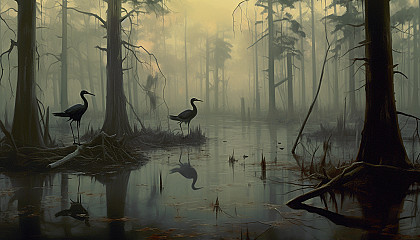 A foggy, mysterious swamp teeming with unseen wildlife.