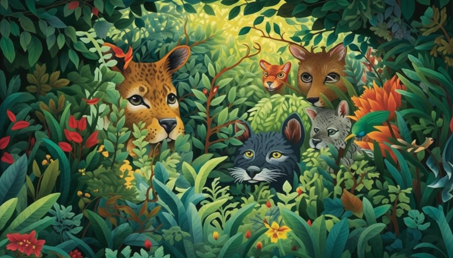 Curious wildlife peeking through the foliage in a dense forest.